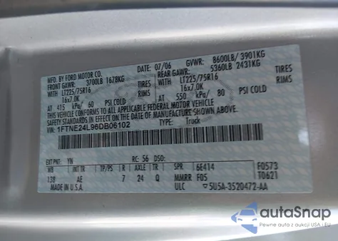 2006 Ford E-250 Commercial/Recreational z USA, uszkodzony, nr VIN 1FTNE24L96DB06102